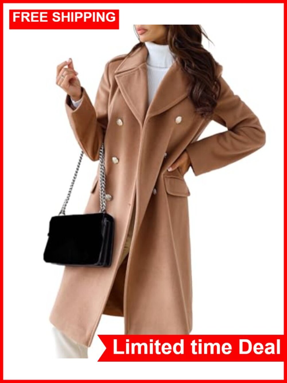Womens Double Breasted Pea Coat Long Winter Wool Trench Jacket